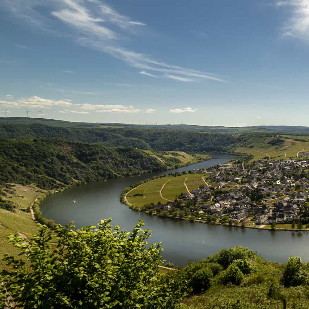 Mosel region village situated next to curving river